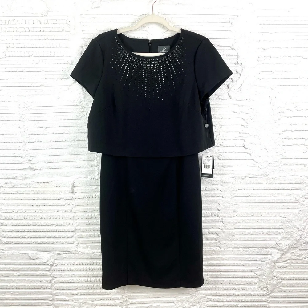 Adrianna Papell Embellished Pop Over Sheath Dress Black Special Occasion Size 10 - Picture 4 of 16